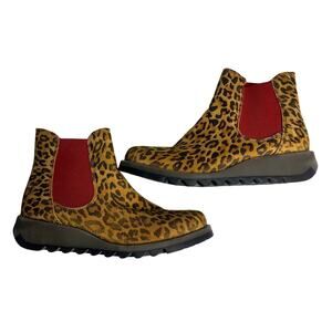 Sz 38/ 7.5 FLY London Leather Chelsea Boots Tan Leopard Print Ankle Double Gore